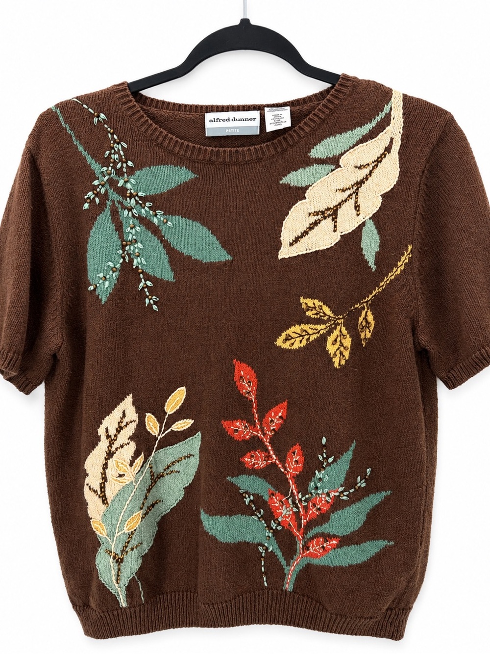 Alfred Dunner Petite Embellished Leaf Sweater Brown Ramie Cotton Short Sleeve PL